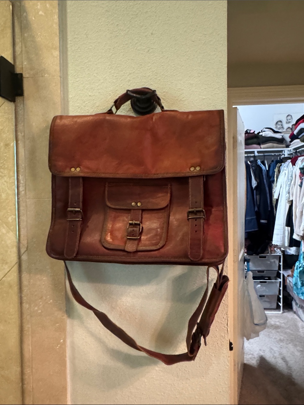 Vintage Brown Leather Messenger Bag with Front Buckle Pocket